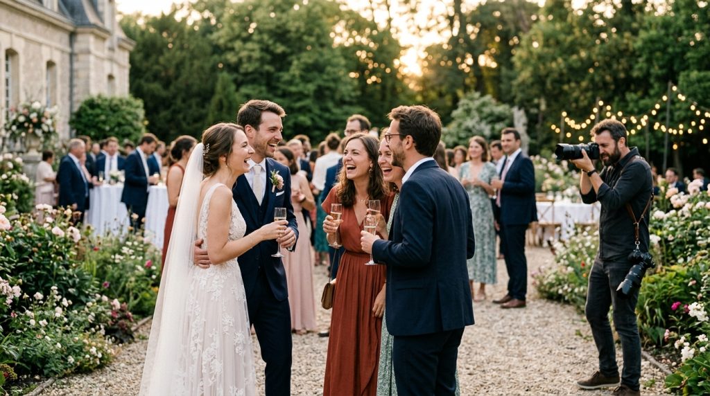 Mariés riant avec leurs invités.